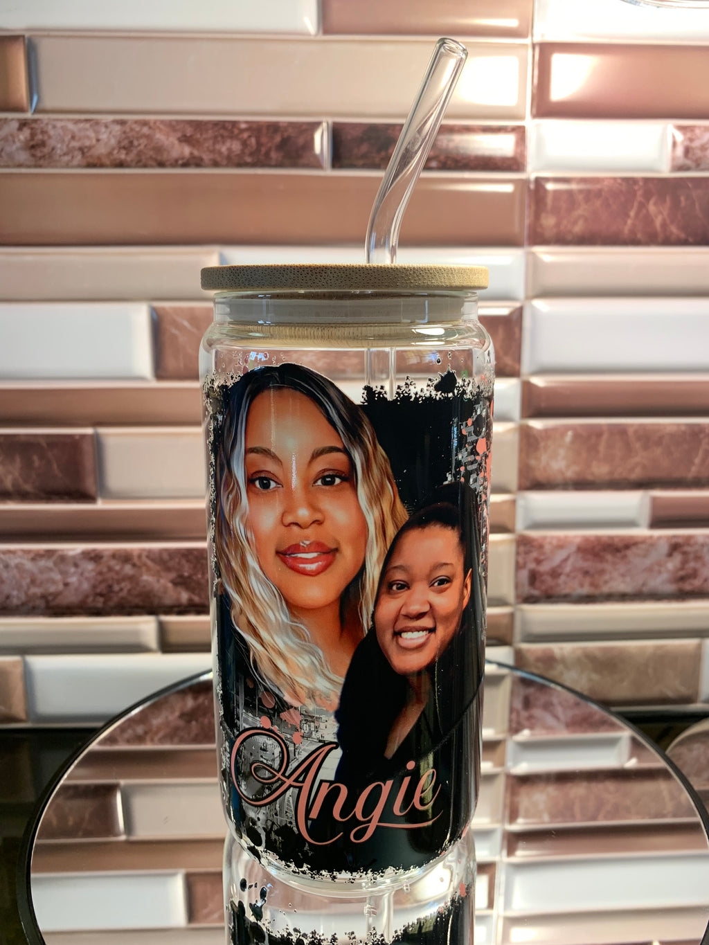Personalized Design on 16oz Glass Cup (Glass Straw & Wooden lid included)